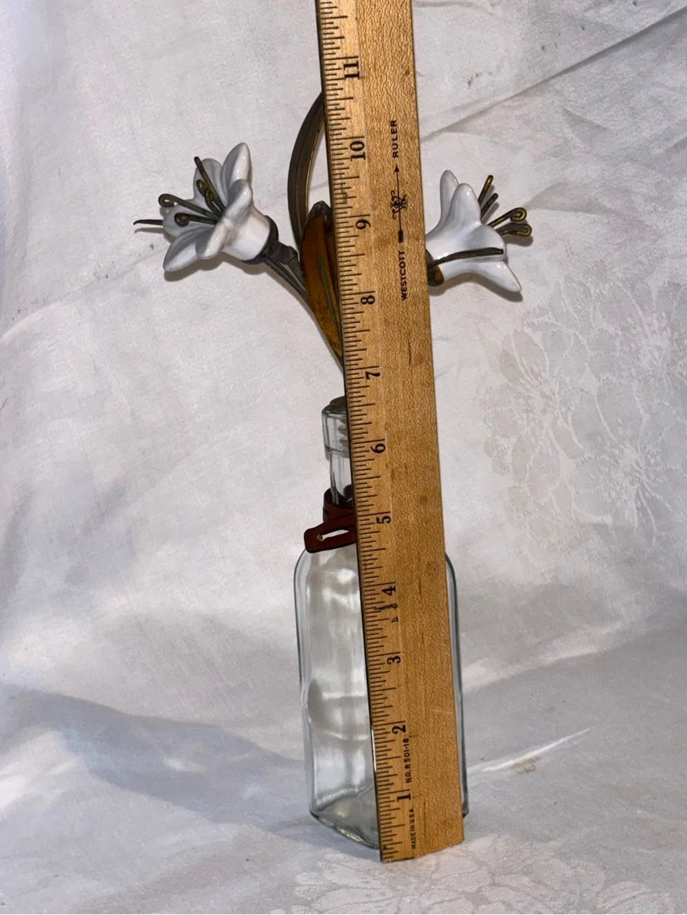 Vintage Tole Gilt Metal Porcelain Lily French Style Flower Glass Bottle Stopper